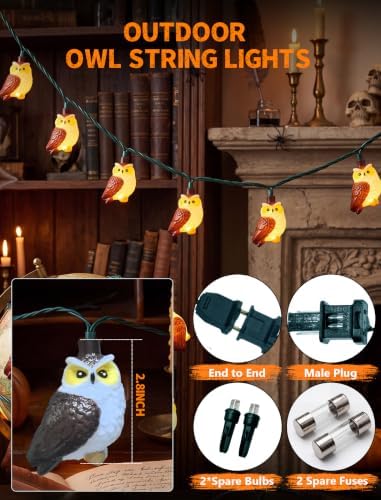 8.5FT 10 LED Halloween Owl String Lights Outdoor Waterproof Green Wire | Hanging Halloween Owl Decorations Lights, Plug in Bird String Lights for Patio Window Fall Garden Porch Backyard and Tree - Image 3