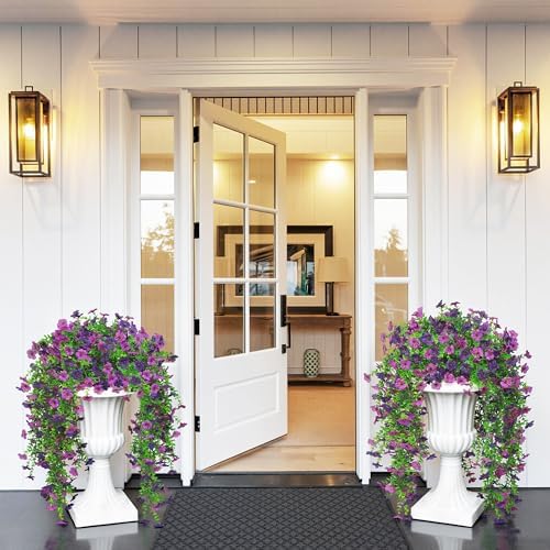 Artificial Fake Hanging Flowers Plant Spring Summer Decoration for Outdoor Faux Silk Daisy with Eucalyptus 4 Pcs Realistic UV Resistant Indoor Outside Garden Porch Patio Balcony Yard(Double Purple) - Image 2