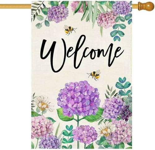 Baccessor Summer Hydrangea House Flag Double Sided 28x40 Inch, Purple Flower Floral Welcome House Flag Burlap Seasonal Farmhouse Yard Outdoor Decoration (Large) by Baccessor