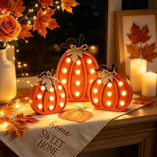 Fangoo 3pcs Wooden Fall Pumpkins Light Up Table Centerpieces Decor Pumpkin Block Table Signs Autumn Tabletop Decorations Rustic Thanksgiving Tiered Tray Farmhouse Harvest Halloween Home Shelf Decor - Image 5