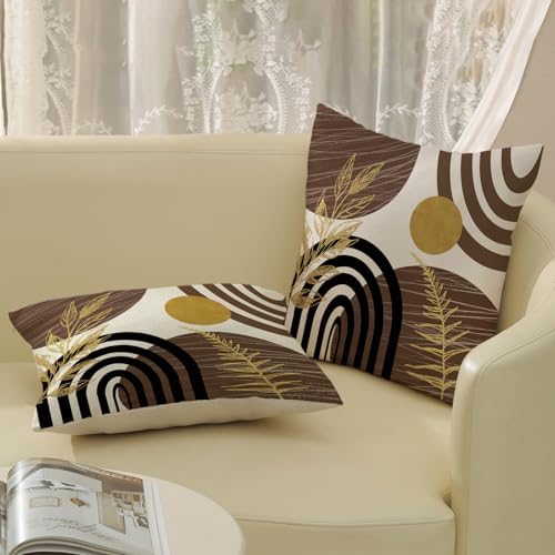 Boho Brown Pillow Covers 18x18 Set of 2 Brown Gold Tropical Leaf Decor Mid Century Throw Pillows Outdoor Bohemian Decorative Pillowcase Farmhouse Abstract Modern Cushion Case for Couch Sofa - Image 4