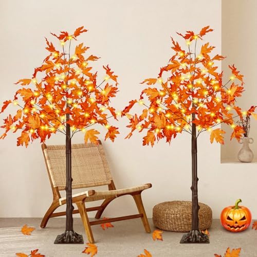 2 Pack 4FT Lighted Maple Tree 100 LED Artificial Fall Tree for Home Decor by EEW
