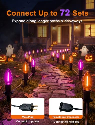 Halloween Pathway Lights Outdoor, 19.5Ft Orange Purple Halloween String Lights with 10 C9 LED Bulbs and Stakes, Connectable Outdoor Waterproof Marker Stake Lights for Halloweens Path Yard Lawn, Garden - Image 3