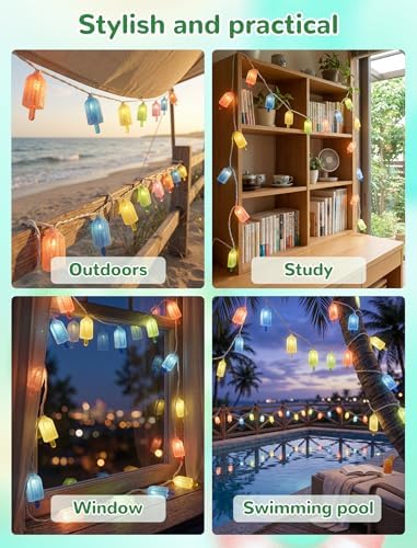10 LED Popsicle String Lights, Multicolor Ice Cream with 10 Mini LED Bulbs, Indoor Outdoor Plug in Fairy Lights for Christmas Wedding Home Bedroom Summer Patio Decor, White Wire - Image 5