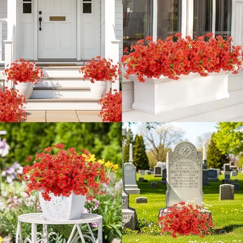 12 Bundles Red Artificial Flowers for Outdoors, UV Resistant Faux Plants - Image 3