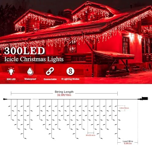 Red Christmas Icicle Lights, 300 LED 33FT Icicle Curtain Lights - Image 2
