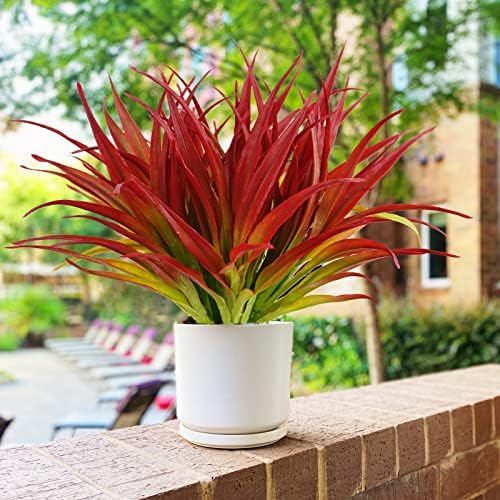 16Pcs Artificial Grass Fake Plants 17.3in Outdoor Plants UV Resistant Greenery Stems Fake Grass for Home Window Garden Office Patio Pathway Front Porch Décor Light Green & Red - Image 4