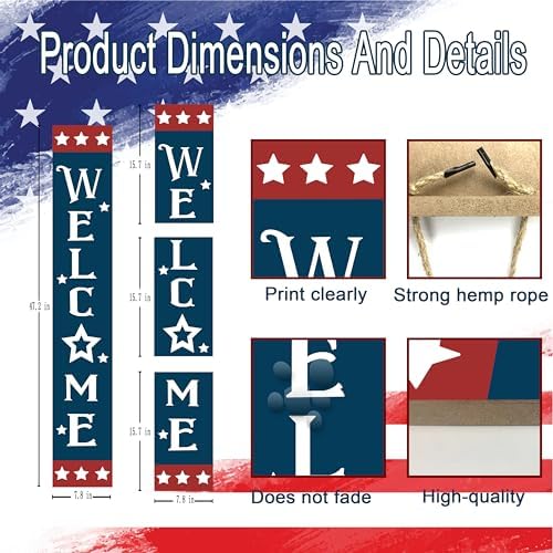 Patriotic Wooden Porch Sign 47" 4th of July Independence Day Large Welcome Sign Memorial Day Vertical Indoor Outdoor Standing Sign For Garden Home Yard Farmhouse - Image 2