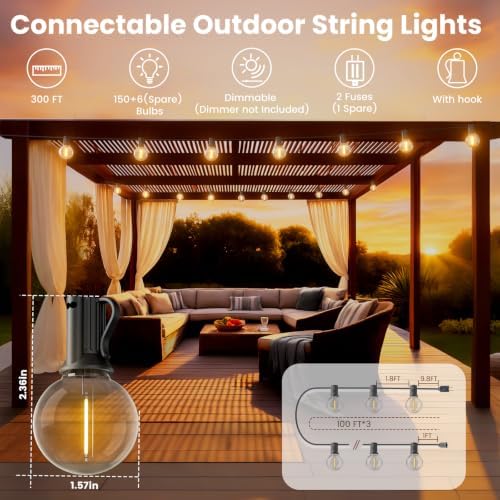 RTTY 300 FT Outdoor String Lights, Waterproof Outside Patio Light 156 Bulbs - Image 2