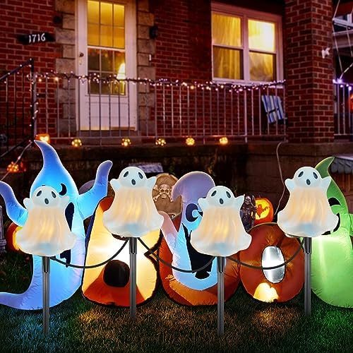 Oviejo Halloween Decorations - Set of 4 Ghost Pathway Stake Lights with C7 Clear Bulbs, 7Ft Waterproof Yard Stakes for Lawn Walkway Driveway Markers - Image 7