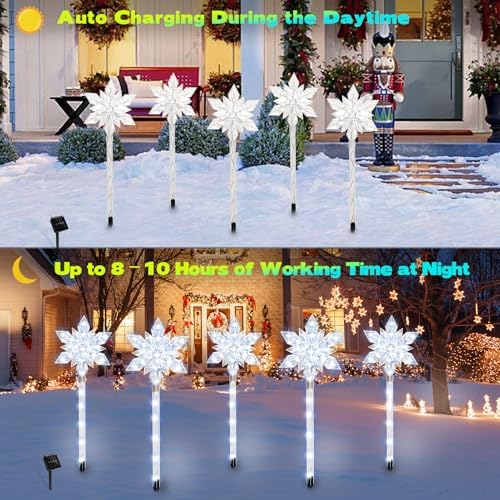 Snowflake Solar Christmas Pathway Lights, Set of 5 LED Outdoor Stake Lights, Waterproof Christmas Decorations for Garden, Yard, Lawn, Walkway, Patio Decor (5pcs Cold White) - Image 3