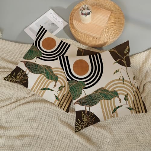 Boho Brown Pillow Covers 16x16 Set of 2 Gold Leaf Tropical Mid Century Throw Pillows Outdoor Bohemian Abstract Modern Decorative Pillowcase Farmhouse Linen Cushion Case for Couch Sofa Decor - Image 6