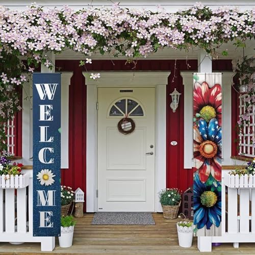 doginthehole 2pcs 4th of July Independence Day Welcome Porch Banner Cute Border Collie Floral Memorial Day Patriotic Door Porch Sign, Blue White Red by doginthehole
