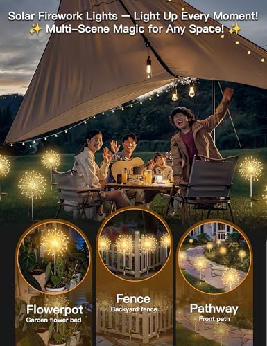 suddus Solar Garden Lights Outdoor Waterproof Decorative, 4Pack 150LED Firework Lights, Solar Fairy Lights for Yard, Garden, Patio, Pathway, Flowerbed, Party, Wedding Outside Decor- Warm White - Image 2