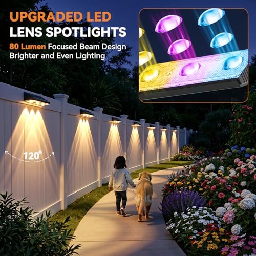 Solar Fence Lights Outdoor 4 Pack, Upgraded Brightness 3X LED Lens Fence Lights Solar Powered, 9 Fixed Colors & RGB Lights, IP65 Waterproof Solar Lights for Outside Backyard/Railing/Step/Patio - Image 2