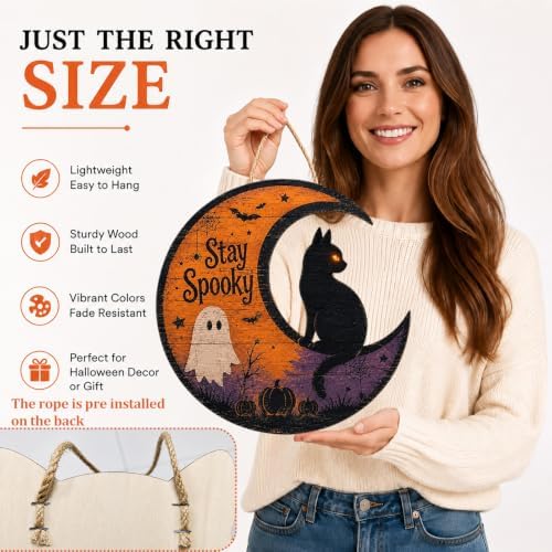 Halloween Door Sign Wooden Hanging Plaque Cat Moon Front Door Porch Decor - Image 3