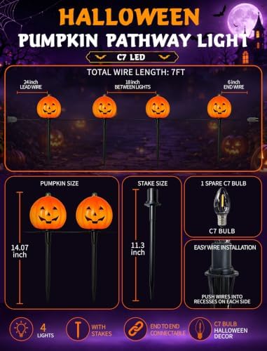 Halloween Pumpkin Pathway Lights, 4 Pack LED Yard Stake Lights Decor - Image 2