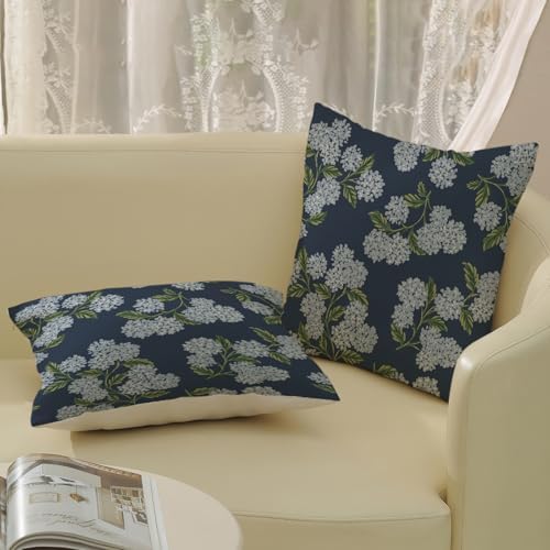 Navy Blue Spring Pillow Covers 18x18 Inch 2 Pcs Blue Green Hydrangea Flower Decor Throw Pillows Vintage Floral Seasonal Summer Outdoor Decoration Pillowcase Linen Cushion Cover for Couch Sofa - Image 4