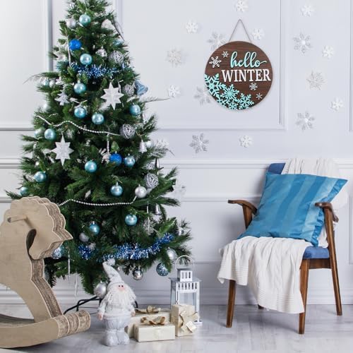 JarThenaAMCS Hello Winter Snowflake Welcome Door Sign 3D Wooden Hanging Sign White Blue Front Door Hanger for Xmas Indoor Outdoor Farmhouse Home Porch Window Decor - Image 6
