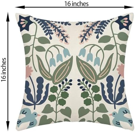Navy Blue Boho Pillow Covers 16x16 Inch 2 Pcs Sage Green Floral Decor Throw Pillows Vintage Flower Seasonal Spring Summer Outdoor Decoration Pillowcase Linen Cushion Cover for Couch Sofa - Image 6