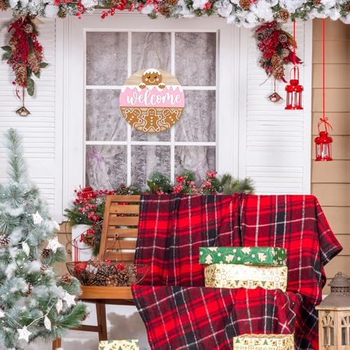 JarThenaAMCS Winter Welcome Door Sign Pink Brown snow Gingerbread Man Wooden Front Door Hanging Sign 3D Round Outdoor Hanger for Party Home Wall Porch Decorations, 12 Inch - Image 6
