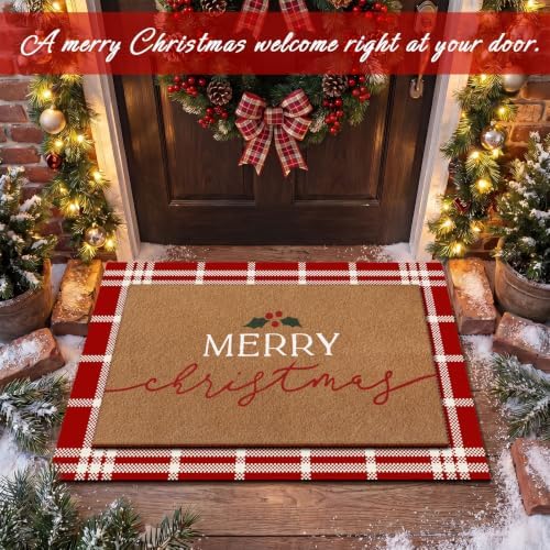 Drydiet 2 Pcs Christmas Doormat, Merry Christmas Plaid Front Door Rug - Image 4