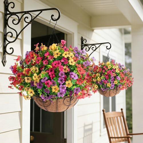 HyeFlora 2 Set Artificial Outdoor Flowers Hanging Basket, Faux Hanging Plants for Outside Spring Decoration, Fake Silk UV Resistant Look Real Daisy for Porch Patio Home Decor - Image 2