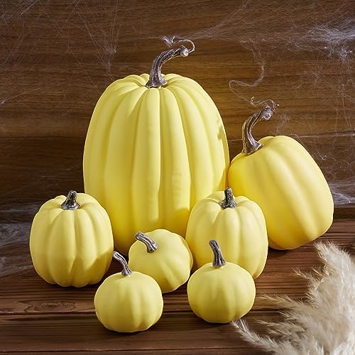 Lizxun 7Pcs Artificial Pumpkins Halloween Decoration, Lifelike Simulation Mixed Harvest Fall Foam Pumpkins for Halloween Thanksgiving Home Party Supplies (Yellow 01-7pcs) - Image 5
