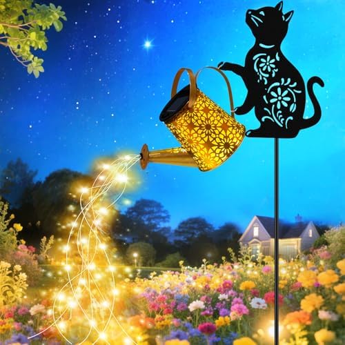 Solar Watering Can Lights, Cat Hanging Lantern Solar Lights Outdoor, Cat Lover Gifts for Mom Women Birthday Mother's Day Christmas, Waterproof Garden Decor Outside Patio Yard Pathway Backyard by yulloyello