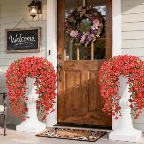 Artificial Hanging Flowers for Outdoors, 4 PCS 600 Blooms UV Resistant Morning Glory Faux Silk Vines, No-Odor Realistic Fake Plants for Garden Planter Porch Patio Decoration, Red - Image 5