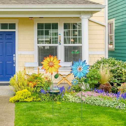 YEAHOME Garden Decor for Outside, 35.4“ Set of 2 Metal Flowers Decorative Garden Stakes for Spring Decor, Yard Art Flower Stakes for Outdoor Lawn Backyard Porch Garden Decorations (Yellow, Blue) - Image 2