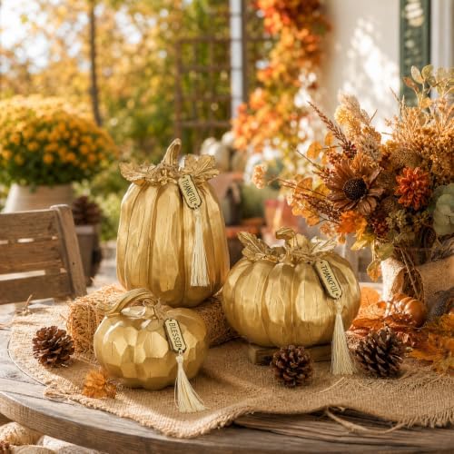 Briful Fall Pumpkin Decor 3 Pcs, Gold Faux Resin Pumpkin Dining Centerpiece - Image 4