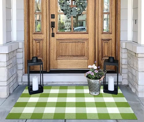 Green White Buffalo Plaid Layered Doormat27.5"x43.3" Cotton Front Porch Rug - Image 5