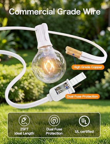 25FT Outdoor White String Lights with 27 G40 Clear Bulbs - Image 3