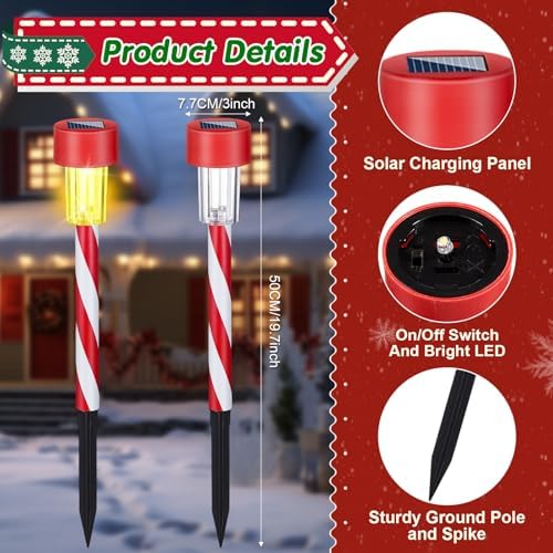 Honoson 6 Pcs Christmas Solar Pathway Lights Outdoor - Candy Cane Xmas Decorative IP65 Waterproof Lights for Patio, Lawn, Yard, Landscape, Driveway, Path, Party Decor - Warm Lights - Image 2