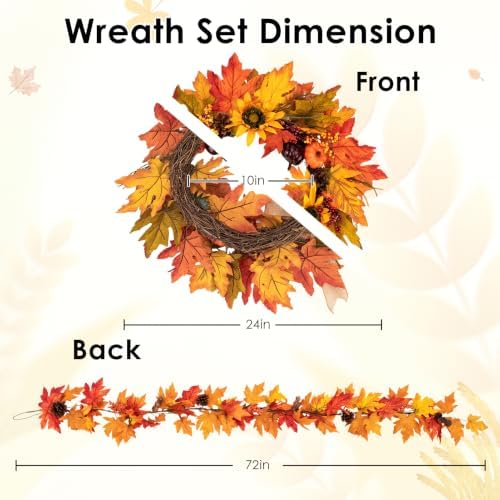 Fall 6FT Garland Wreaths 24", 4 Pack, Artificial Autumn Sunflower - Image 2
