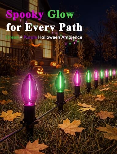 19.5FT Halloween Pathway Lights, 10 Green and Purple C9 LED Stake Lights - Image 5
