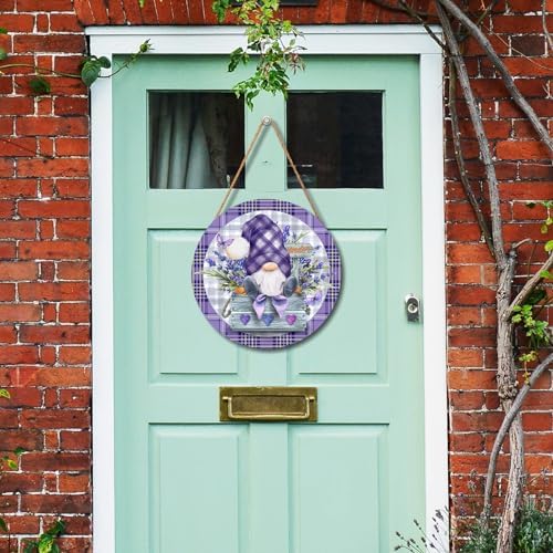 Spring Summer Gnome Lavender Flower Sign for Front Door 12"x12" Purple Floral Buffalo Plaid Wood Door Hanger for Outdoor Outside Porch Spring Summer Farmhouse Wooden Wreath for Wall Porch Yard - Image 6