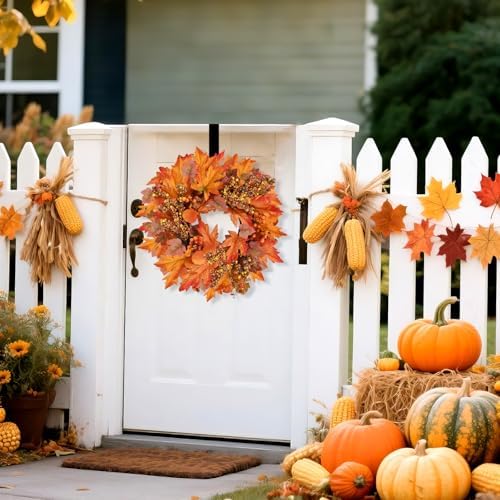 20 lnch Artificial Fall Wreath for Front Door Autumn Wreath with Hanger - Image 7