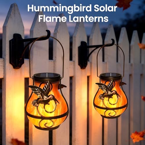 2 Pack Solar Lanterns Outdoor Waterproof Flickering Flame Light Hummingbird Hanging Solar Powered Lantern for Yard Patio Porch Outdoor Garden Decor，Gifts for Women and Moms - Image 2