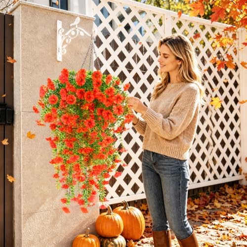 6 Pcs Artificial Hanging Flowers, 30 Inch Orange Morning Glory Vines UV Resistant Fake Hanging Plants Silk Hanging Flowers for Outdoor Fall Autumn Porch Garden Window Box Halloween Decor - Image 3