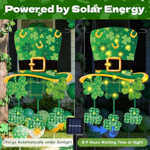14 x 23 Inches Lighted St. Patrick’s Day Garden Flag – Double-Sided Shamrock Hat Yard Flag with Warm LED Lights, Solar-Powered Outdoor Irish Décor for Porch, Lawn and Patio - Image 2