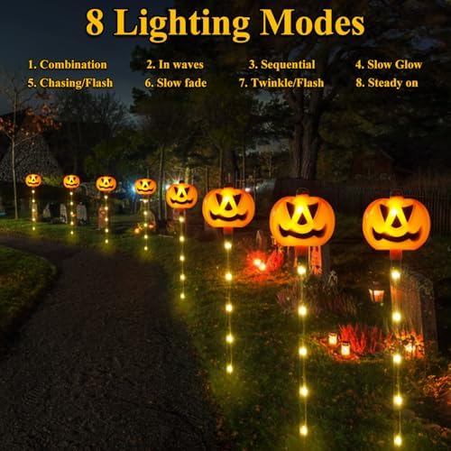 6 Pack Solar Pumpkin Garden Pathway Stake Lights Outdoor Halloween Decorations,8 Modes Solar Pumpkin Lights for Outside Waterproof Lighted Scary jack o lantern for Patio Yard Lawn Grave Decor - Image 4