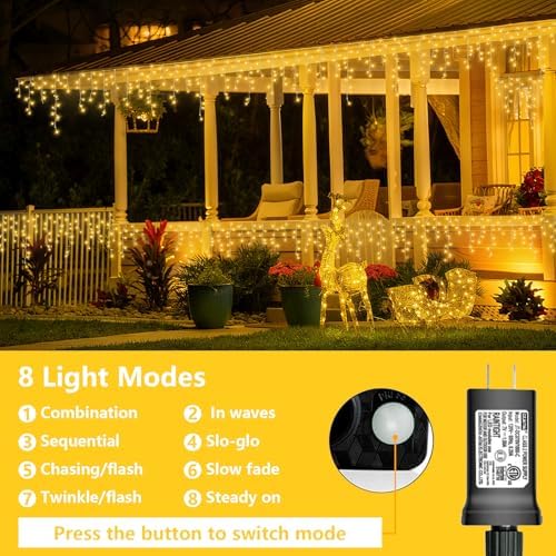 YEGUO 66ft 800 LED Icicle Lights Outdoor, 160 Drops Icicle Christmas Light Connectable, 8 Modes Warm White Xmas Icicle Lights with Memory Timer - Image 3