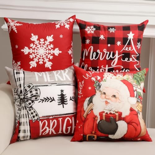 TOYPOPOR Christmas Decorations, Double Sided Throw Pillow Covers 20x20 Inches Set of 4, Christmas Tree, Snowflakes, Merry Christmas, Snowman Reindeer Cushion Case for Farmhouse Home Holiday Decor by TOYPOPOR