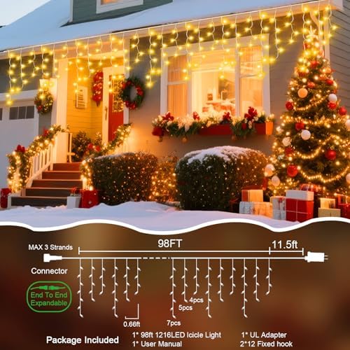 98 Ft Ice Lights for Outside, 1216 LED Christmas Lights Outdoor Plug in, Christmas String Lights with 8 Modes & Timer for Holiday, Party, Wedding, House, Patio, Outdoor Decor(Warm White) - Image 2