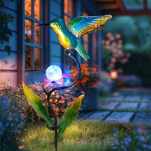 HONGLAND 46 Inch Solar Hummingbird Lights, Solar Garden Decor with Cracked Glass Ball, Hummingbird Decorative Garden Stakes Outdoor Waterproof for Lawn Patio Yard Porch, Gifts for Mom - Image 6