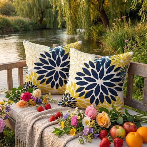 AVOIN colorlife Dahlia Flowers Blue and Yellow Waterproof Outdoor Throw Pillow Covers, 18 x 18 Inch Outdoor Summer Cushion Case Decoration for Patio Garden Porch Set of 2 - Image 4