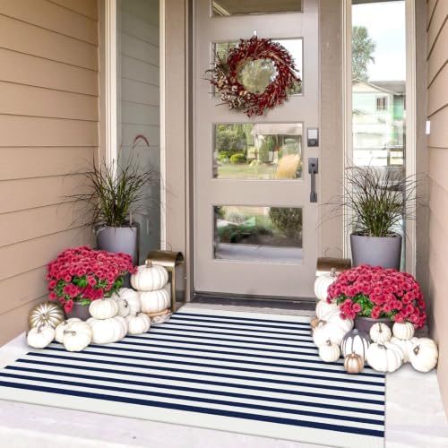 IOHOUZE 3x5 Striped Entryway Rug, Washable Front Door Mat, Navy White by iOhouze