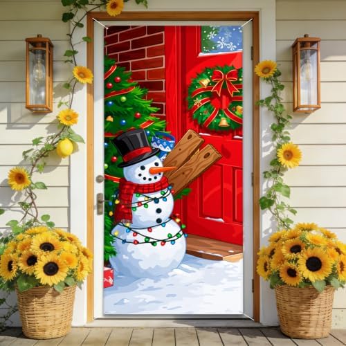 Door Covers Decorative 4th of July Patriotic Door Cover, American Flag Stars Stripes Independence Day Front Door Decoration for Home Party Outdoor (Cartoon Xmas Snowman, 70.87"l X 35.43"w) by seewan